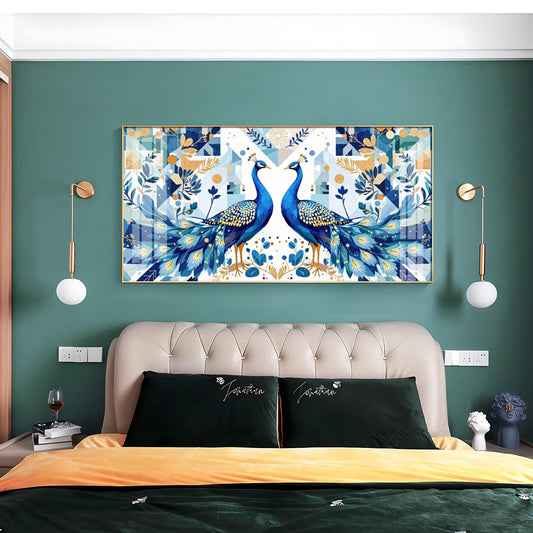 Two Peacock Looking Each Other Glass Finish Horizontal Wall Art