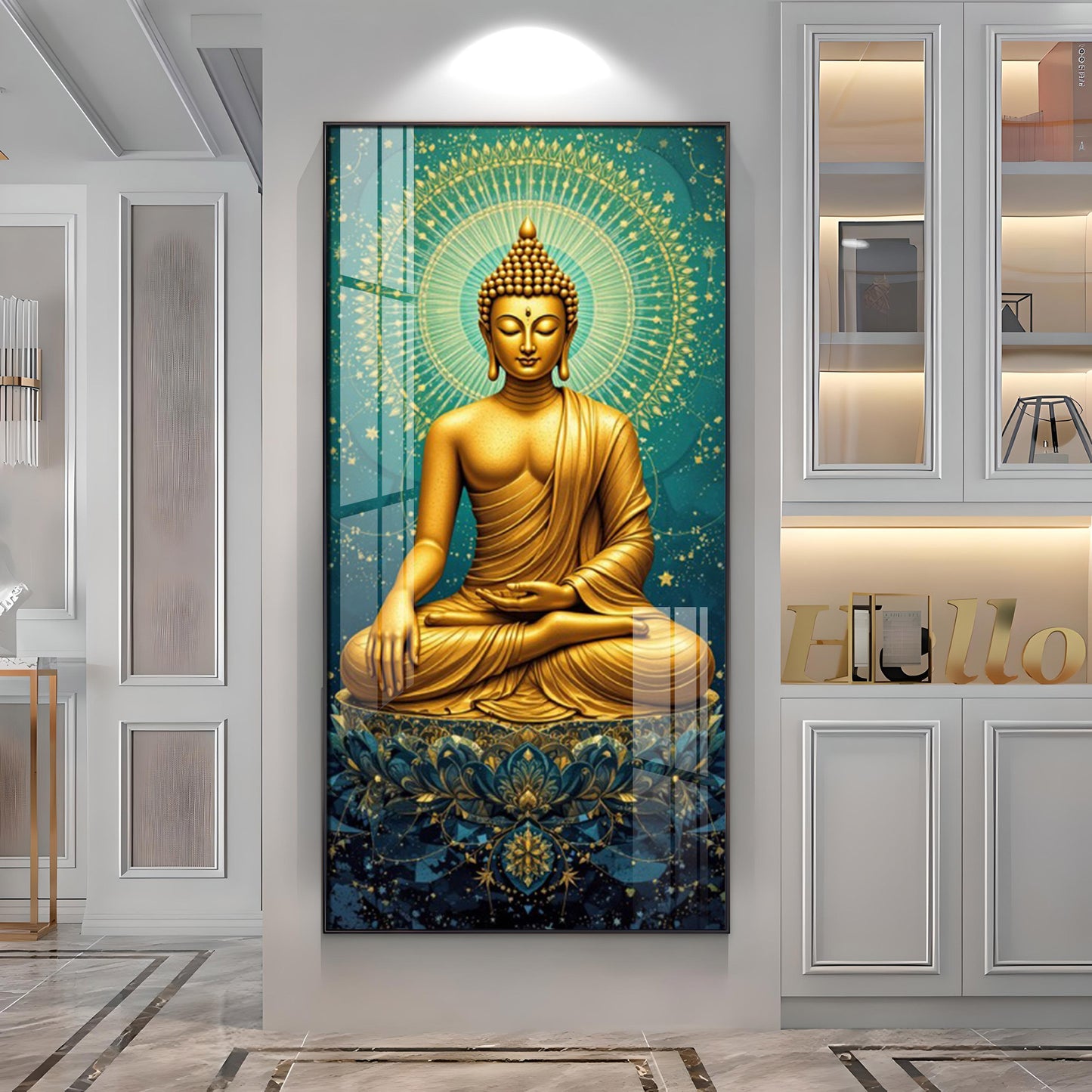Golden Buddha's Energetic Wisdom Glass Finish Vertical Wall Art