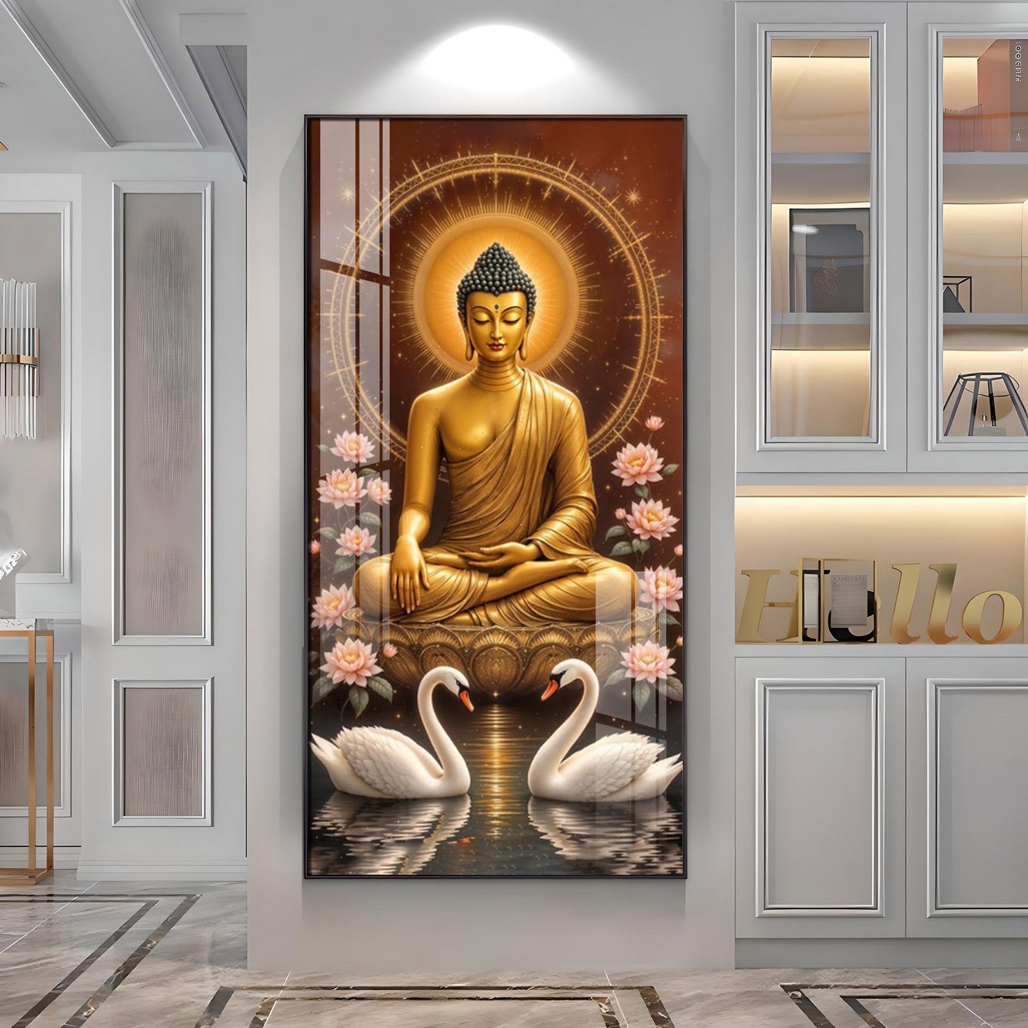Meditating Budha With Swarn Glass Finish Vertical Wall Art