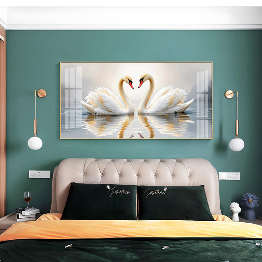 Two White Swan Glass Finish Horizontal Wall Art