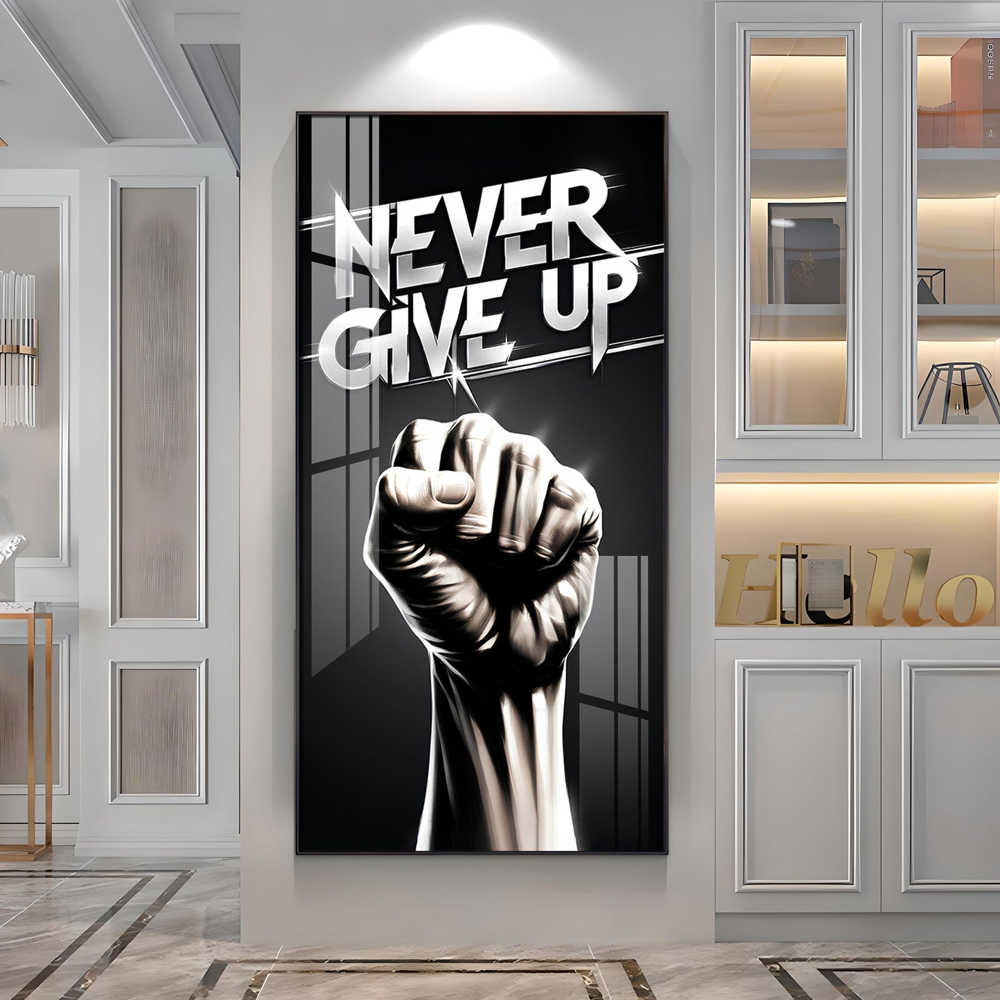 Never Give Up Motivational Quote Glass Finish Vertical Wall Art