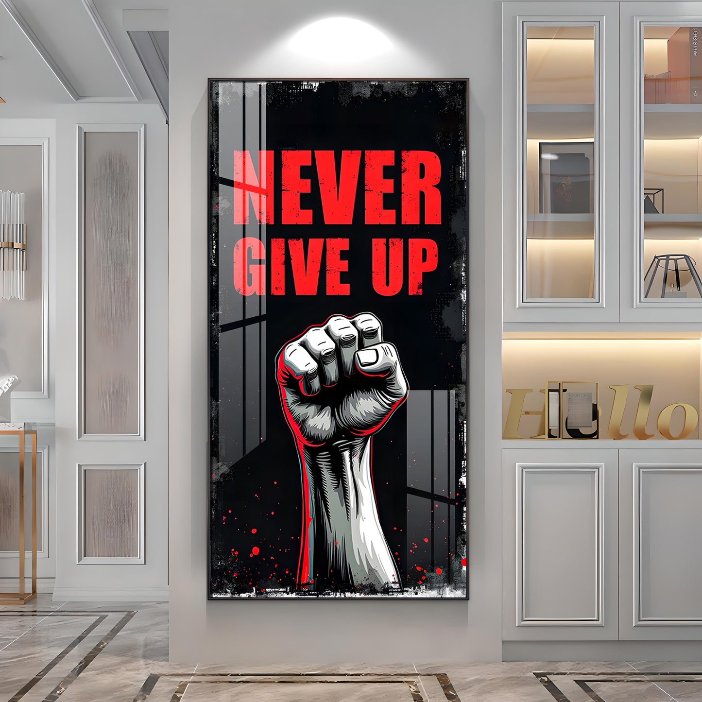 Never Give Up Glass Finish Vertical Wall Art