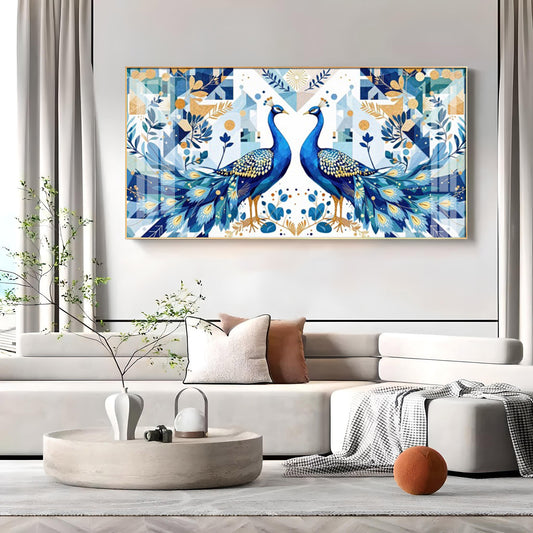 Two Peacock Looking Each Other Glass Finish Horizontal Wall Art