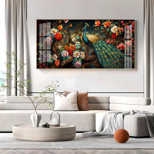 Peacock In Colorful Blossom Glass Finish Horizontal Wall Art