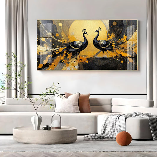 Abstract Two Peacock Looking Each Other Glass Finish Horizontal Wall Art