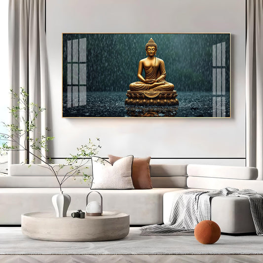 Golden Calm Budha Glass Finish Horizontal Wall Art