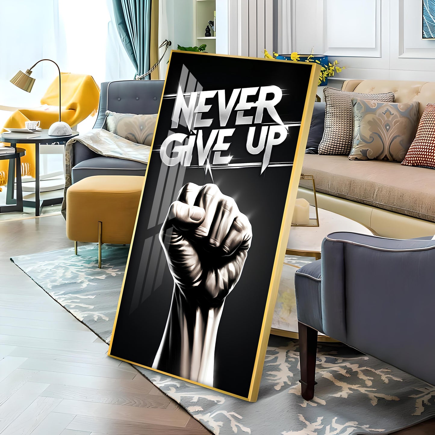 Never Give Up Motivational Quote Glass Finish Vertical Wall Art
