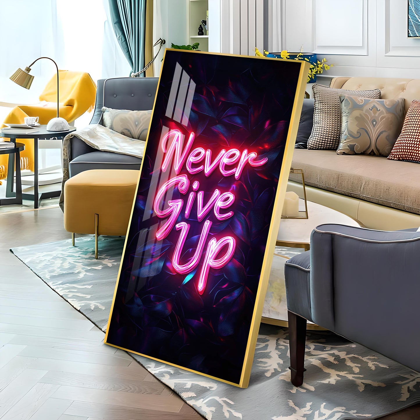 Never Give Up motivational Glass Finish Vertical Wall Art
