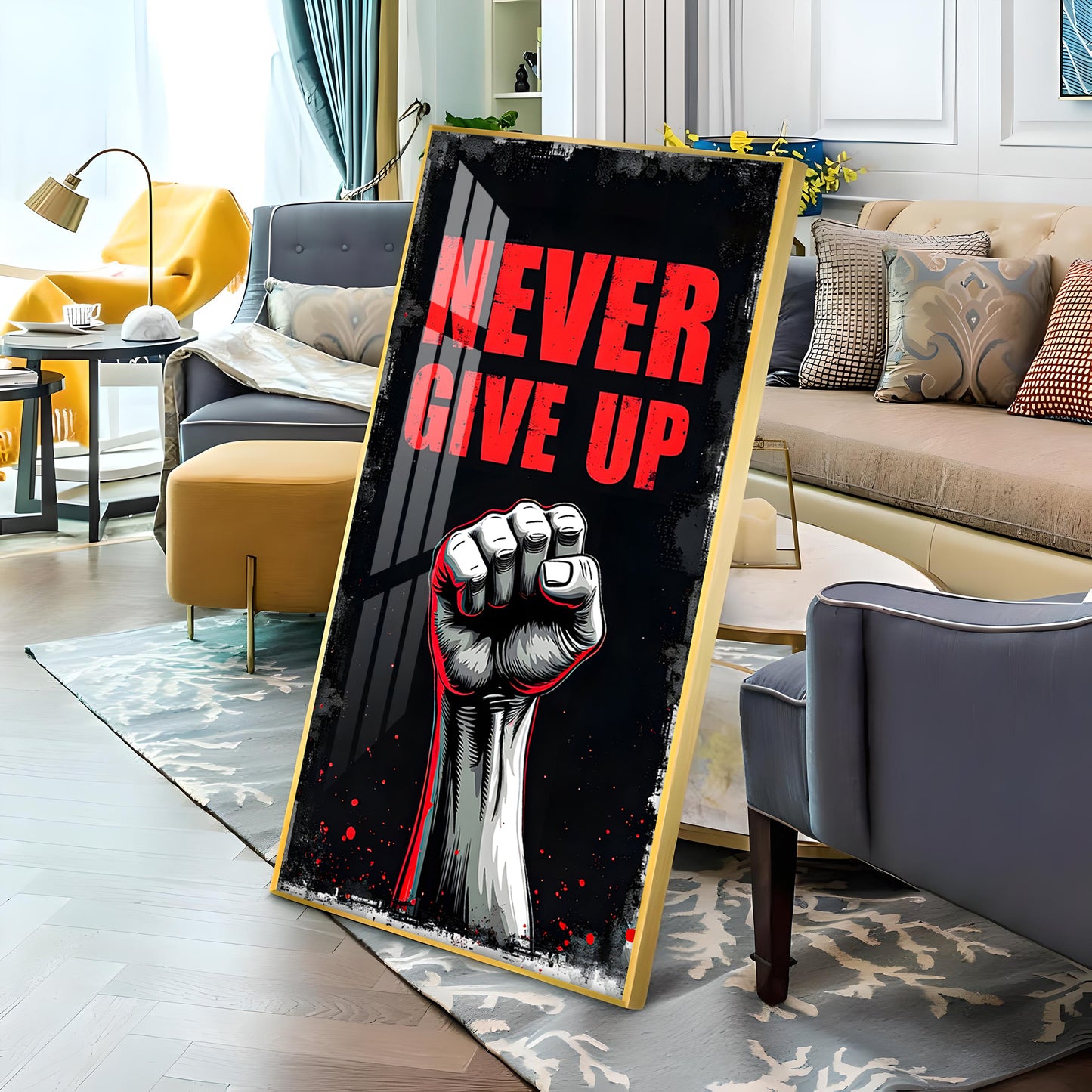 Never Give Up Glass Finish Vertical Wall Art