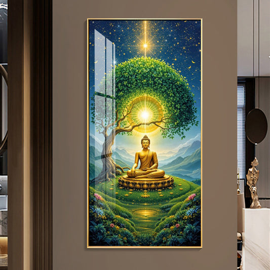 Meditating Buddha In Nature Glass Finish Vertical Wall Art