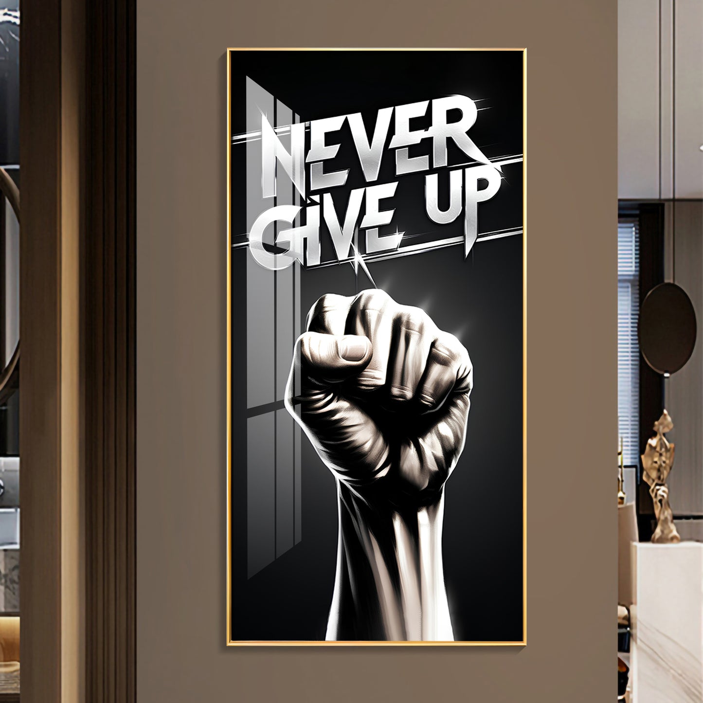 Never Give Up Motivational Quote Glass Finish Vertical Wall Art