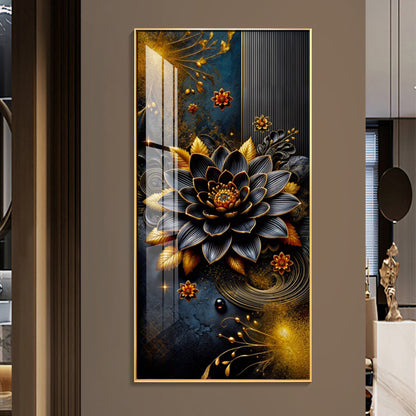 Surreal Black Flower Glass Finish Vertical Wall Art