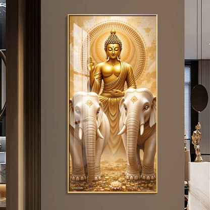 Meditating Buddha With Alpha Elephant Glass Finish Vertical Wall Art