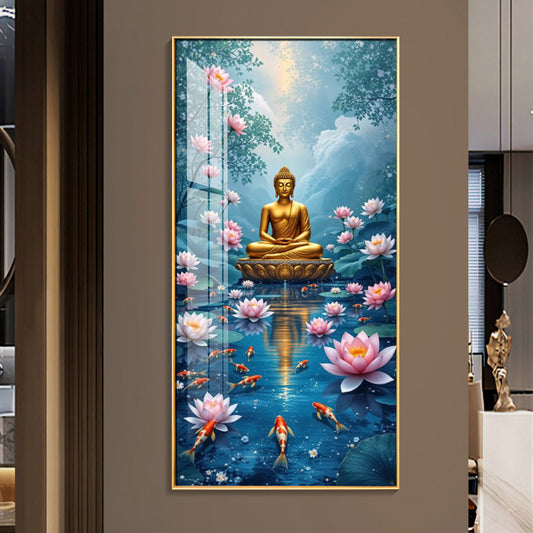 Meditating Budha With Lotus Glass Finish Vertical Wall Art