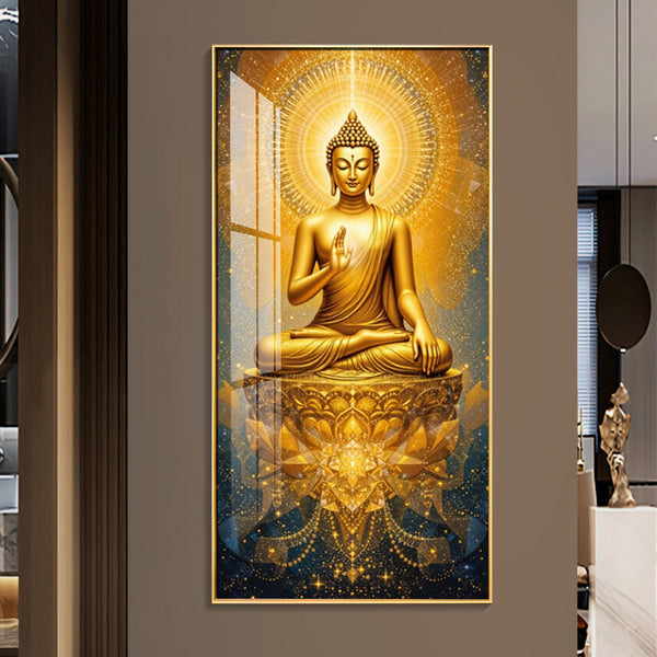 Golden Buddha's Aura Glass Finish Vertical Wall Art