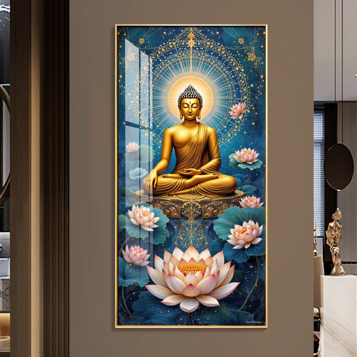 Meditating Buddha With White Lotus Glass Finish Vertical Wall Art