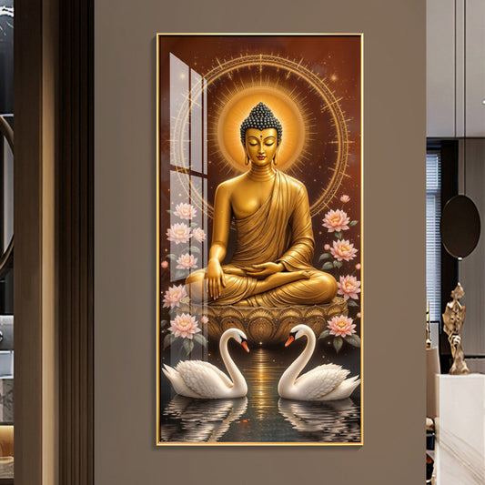 Meditating Budha With Swarn Glass Finish Vertical Wall Art