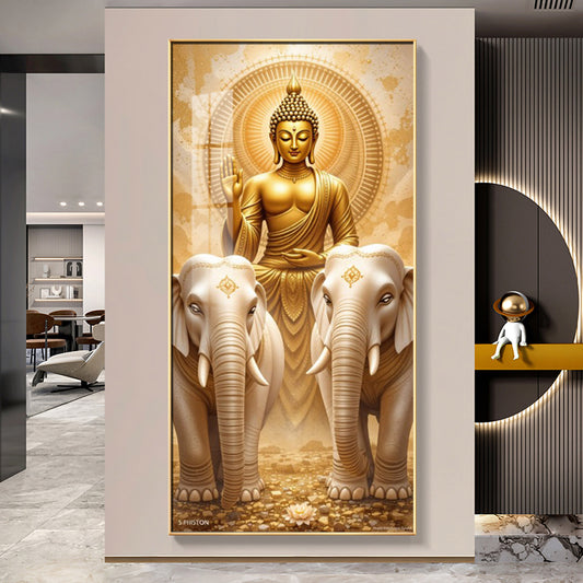 Meditating Budha With Alpha Elephant Glass Finish Vertical Wall Art