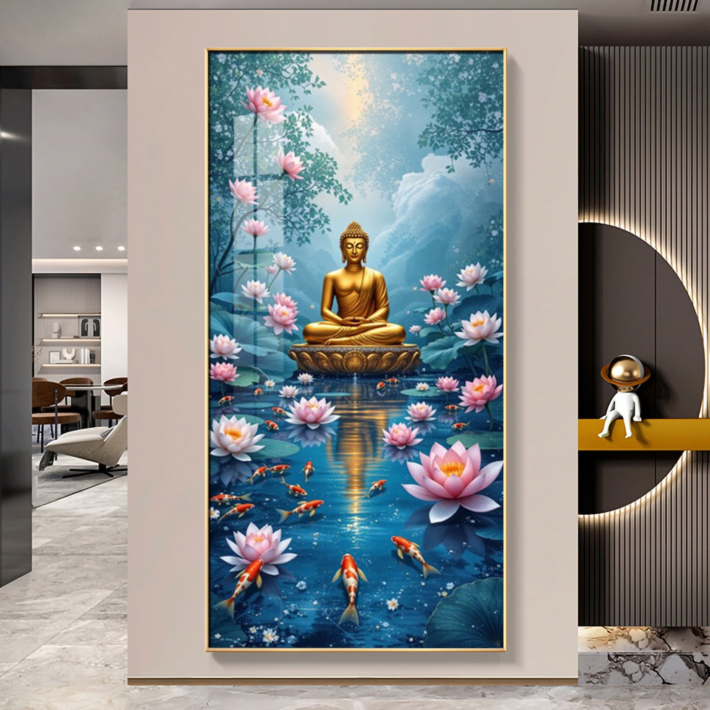 Meditating Budha With Lotus Glass Finish Vertical Wall Art