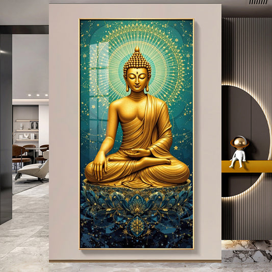 Golden Buddha's Energetic Wisdom Glass Finish Vertical Wall Art