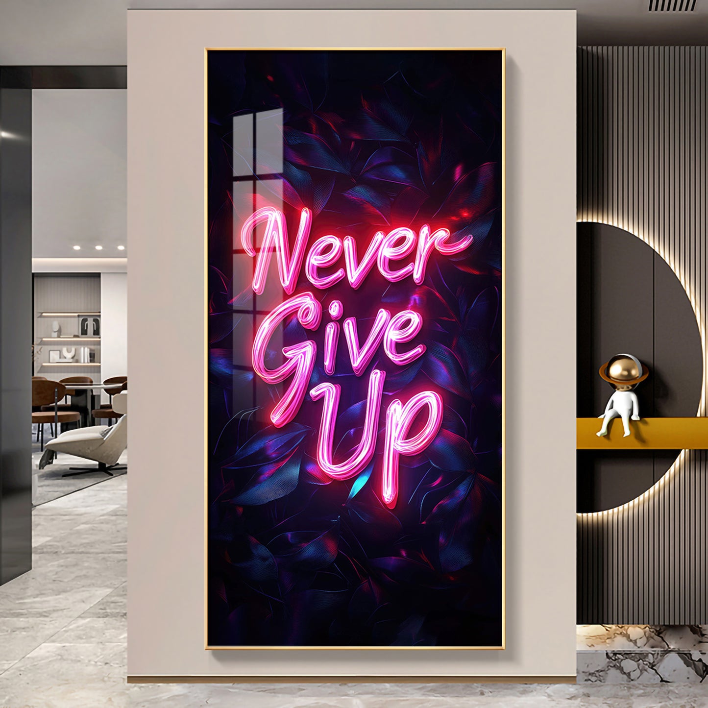 Never Give Up motivational Glass Finish Vertical Wall Art