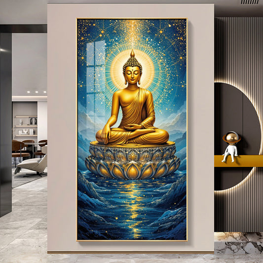 Calm Buddha In River Glass Finish Vertical Wall Art