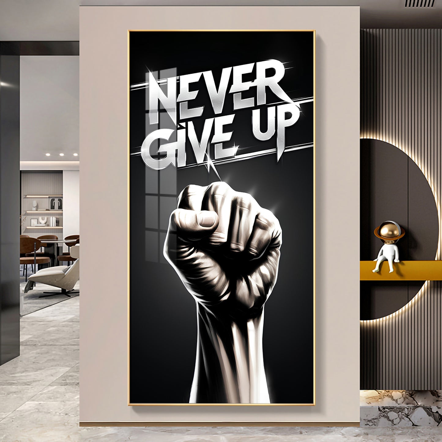 Never Give Up Motivational Quote Glass Finish Vertical Wall Art
