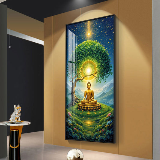 Meditating Buddha In Nature Glass Finish Vertical Wall Art