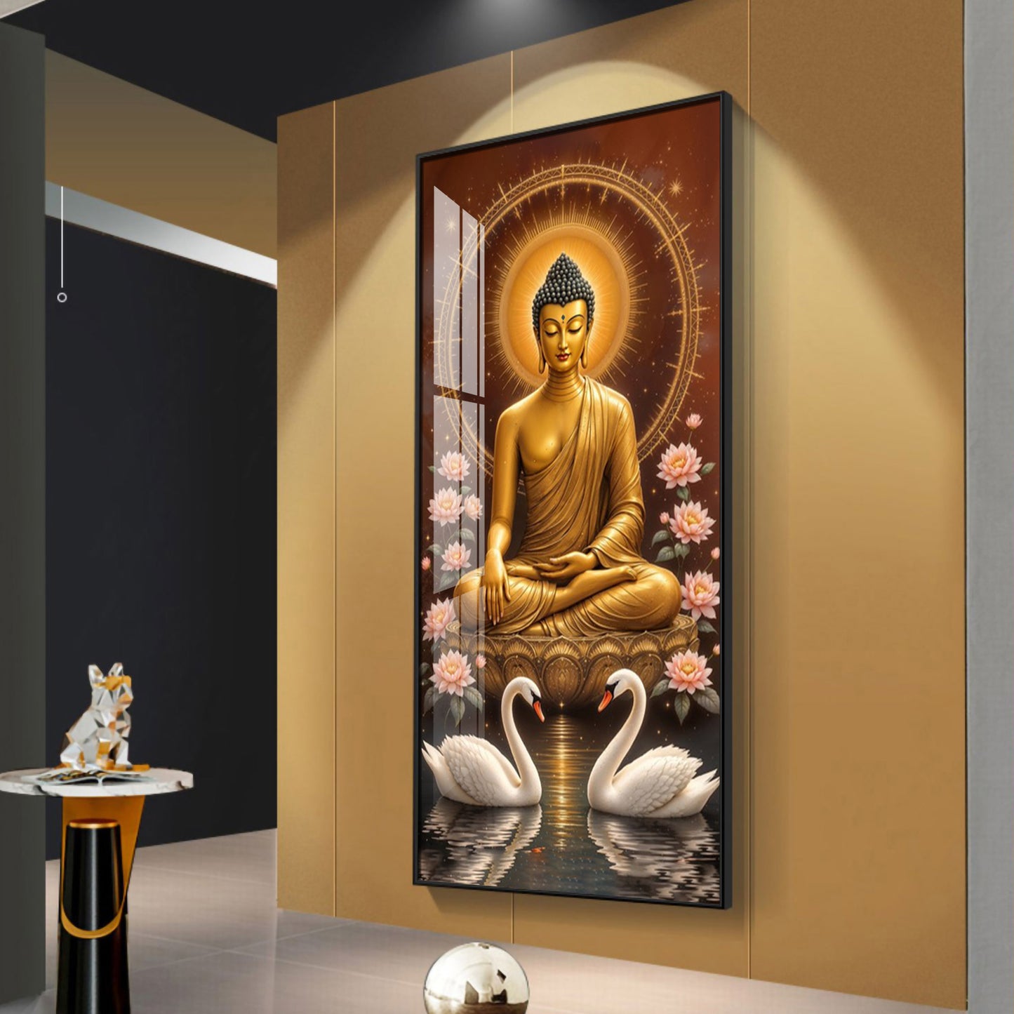 Meditating Budha With Swarn Glass Finish Vertical Wall Art