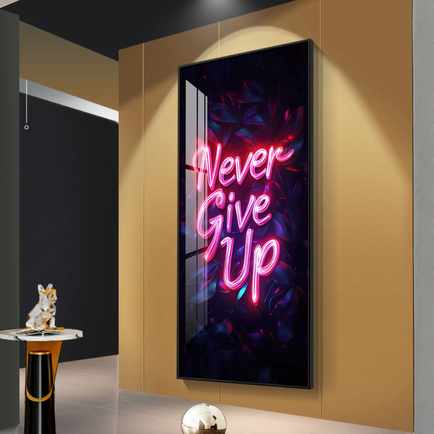 Never Give Up motivational Glass Finish Vertical Wall Art