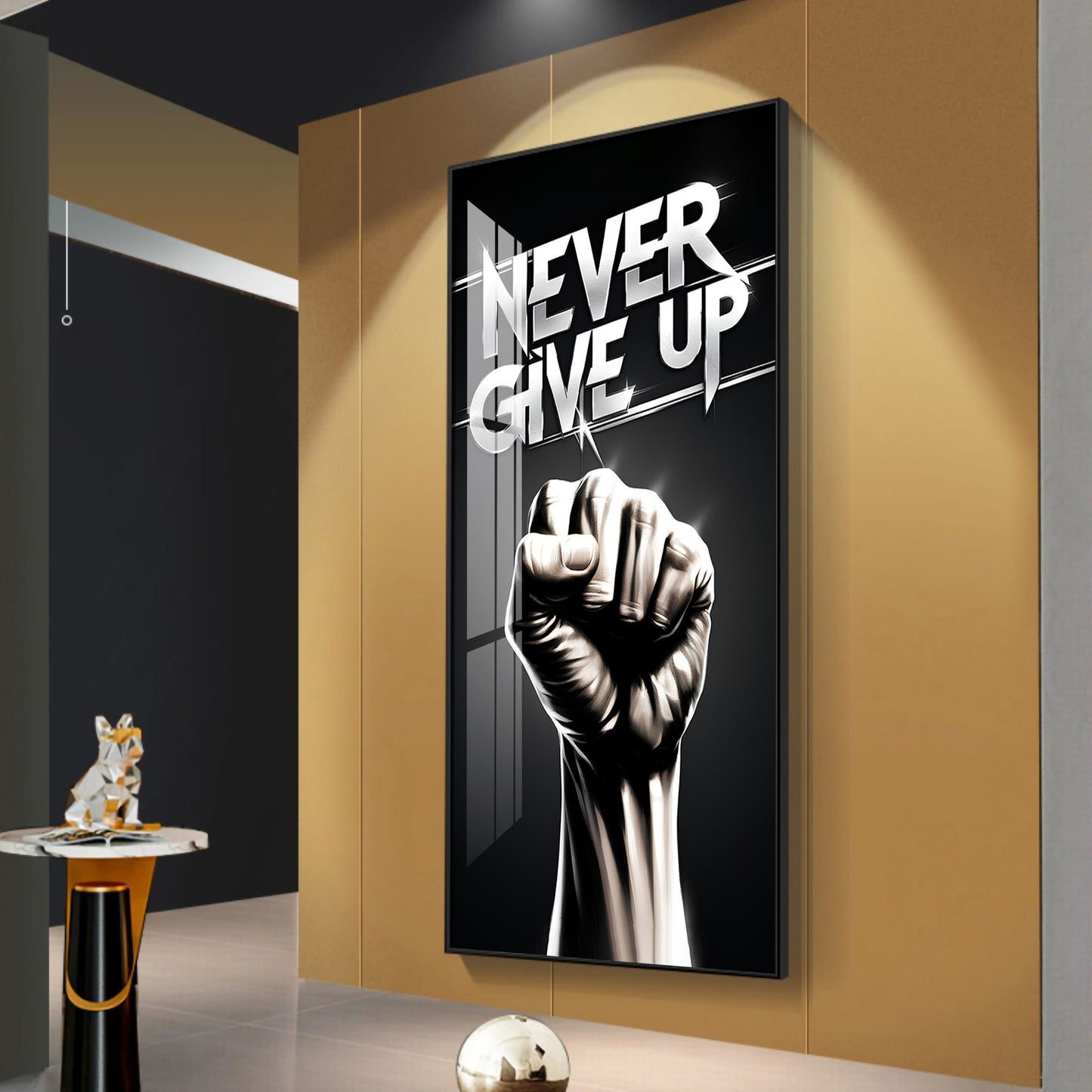 Never Give Up Motivational Quote Glass Finish Vertical Wall Art