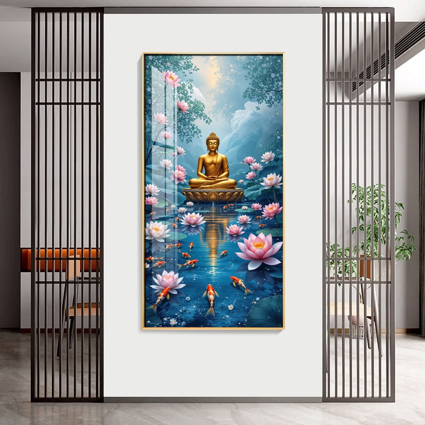 Meditating Budha With Lotus Glass Finish Vertical Wall Art