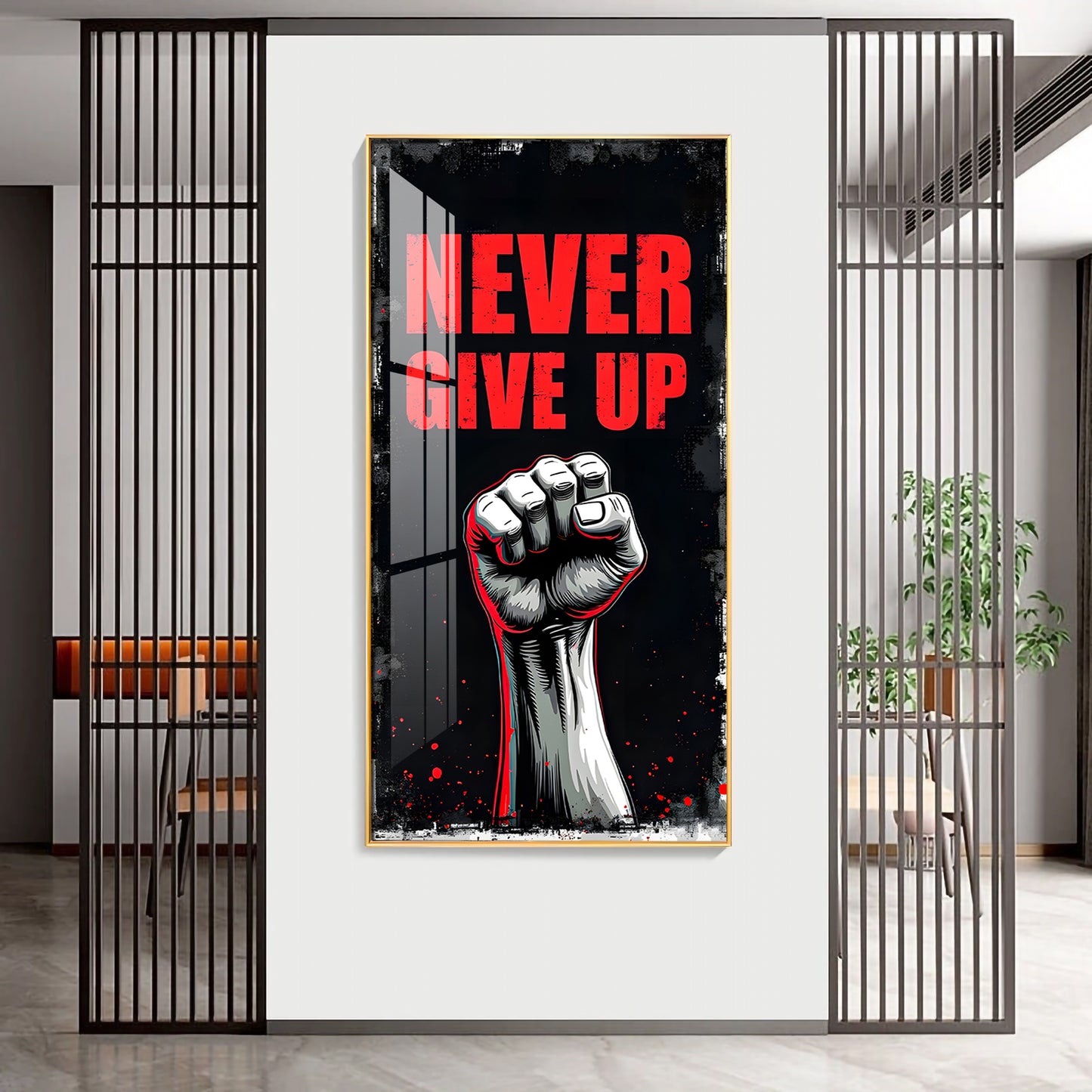Never Give Up Glass Finish Vertical Wall Art