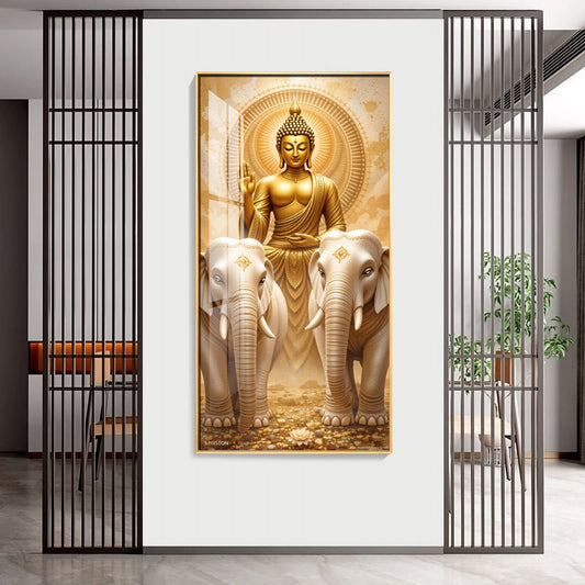 Meditating Budha With Alpha Elephant Glass Finish Vertical Wall Art