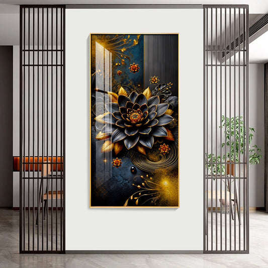 Surreal Black Flower Glass Finish Vertical Wall Art