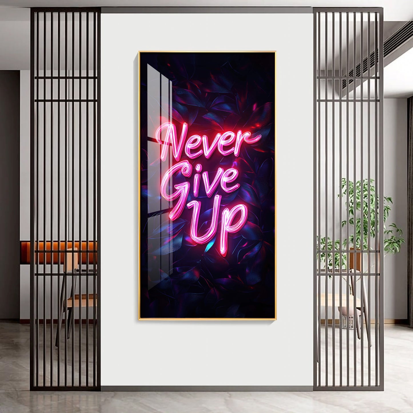 Never Give Up motivational Glass Finish Vertical Wall Art