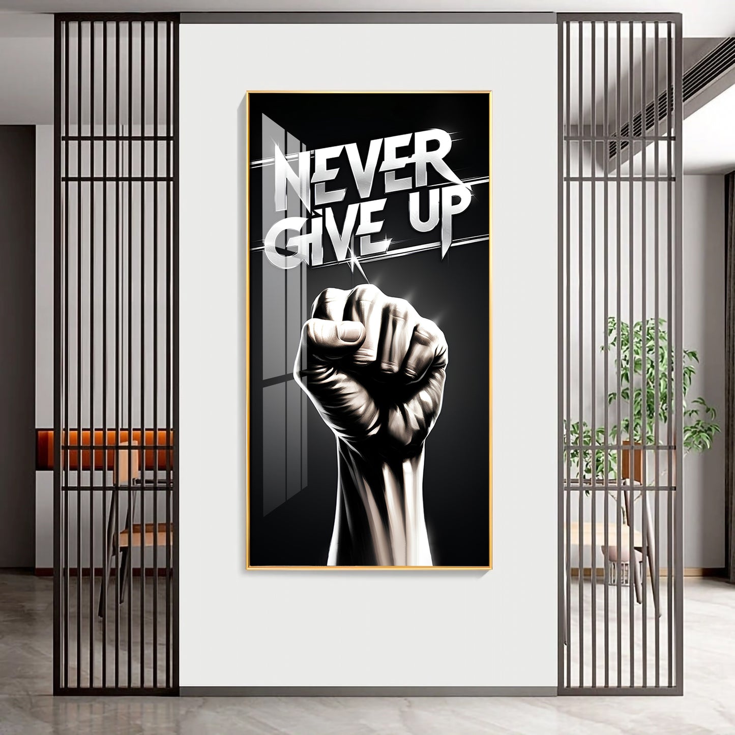 Never Give Up Motivational Quote Glass Finish Vertical Wall Art