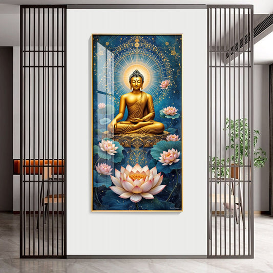 Meditating Buddha With White Lotus Glass Finish Vertical Wall Art