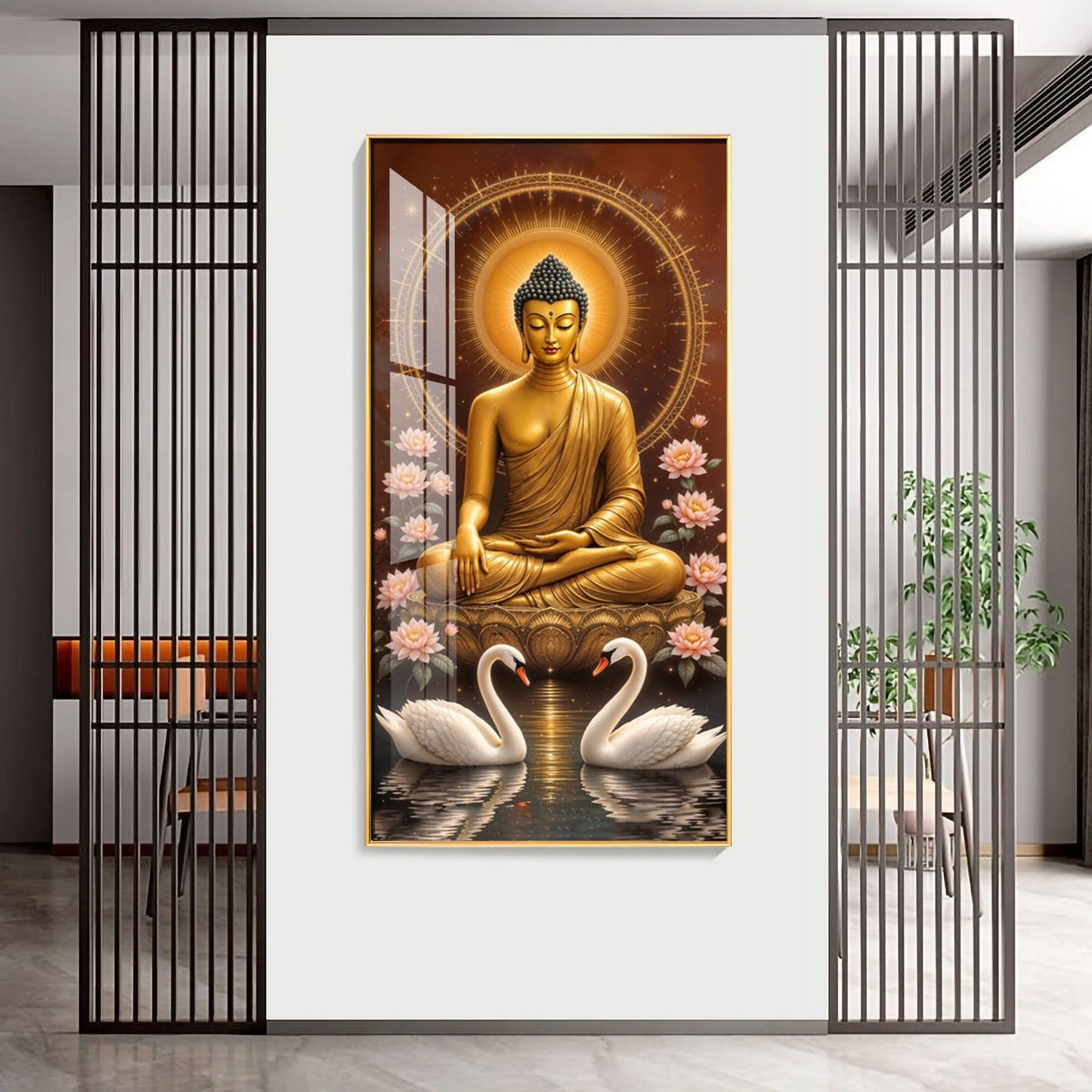 Meditating Budha With Swarn Glass Finish Vertical Wall Art