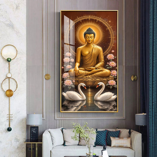 Meditating Budha With Swarn Glass Finish Vertical Wall Art