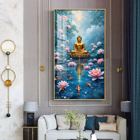 Meditating Budha With Lotus Glass Finish Vertical Wall Art