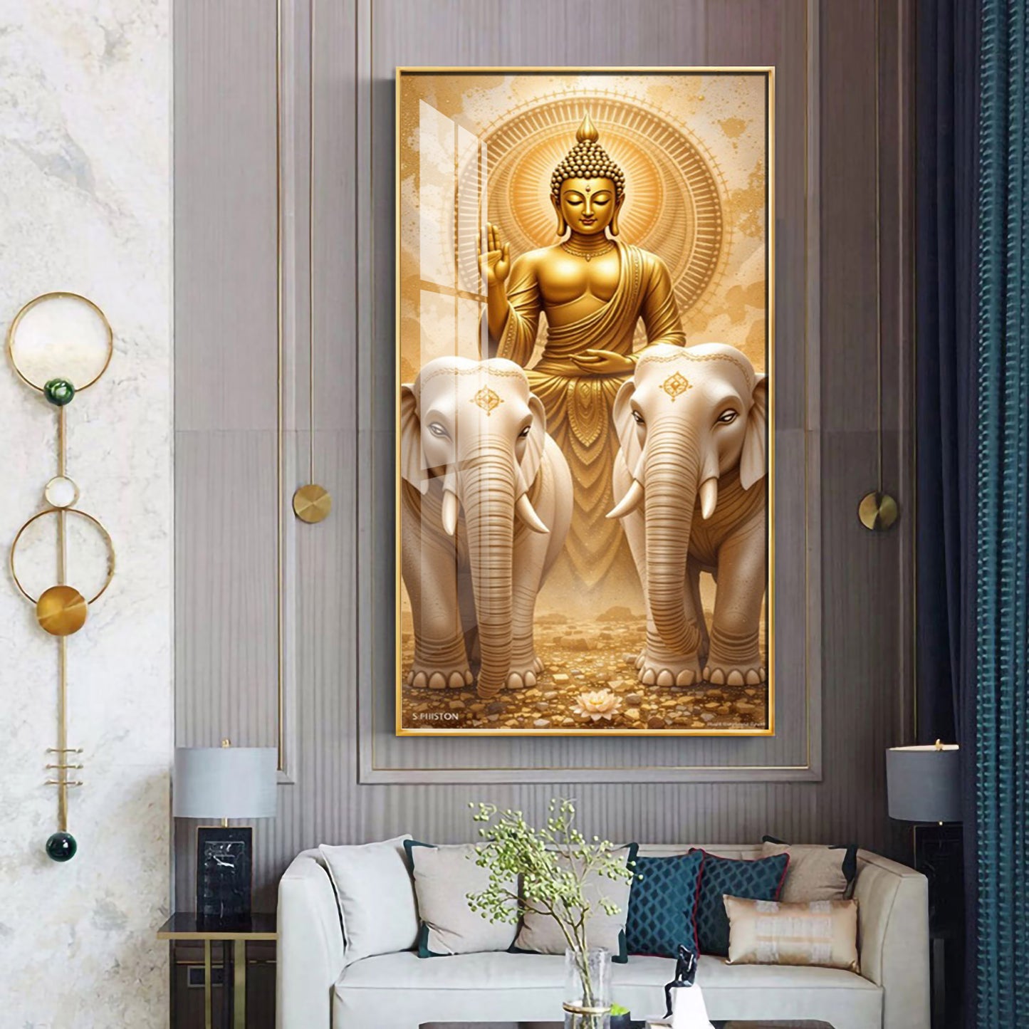 Meditating Budha With Alpha Elephant Glass Finish Vertical Wall Art