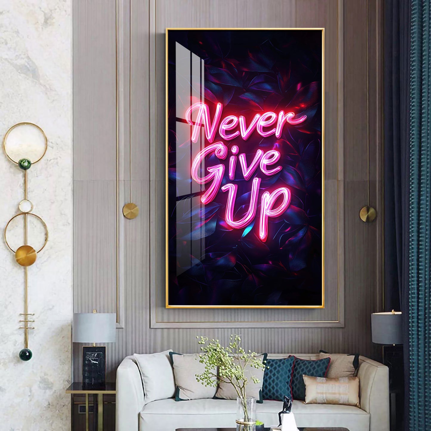 Never Give Up motivational Glass Finish Vertical Wall Art