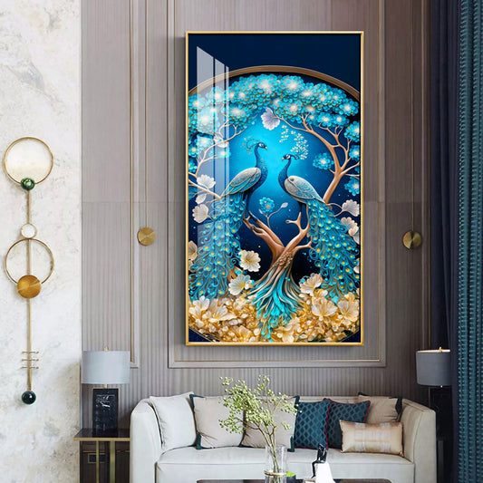 Peacock On Tree Branch Glass Finish Vertical Wall Art