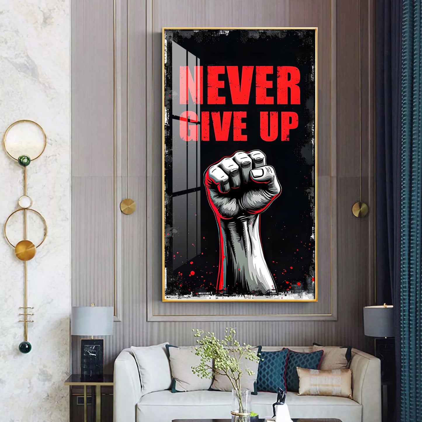 Never Give Up Glass Finish Vertical Wall Art