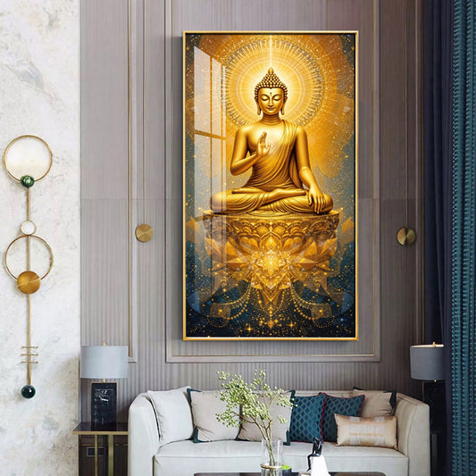 Golden Budha's Aura Glass Finish Vertical Wall Art