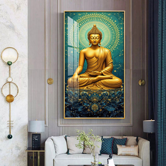 Golden Buddha's Energetic Wisdom Glass Finish Vertical Wall Art