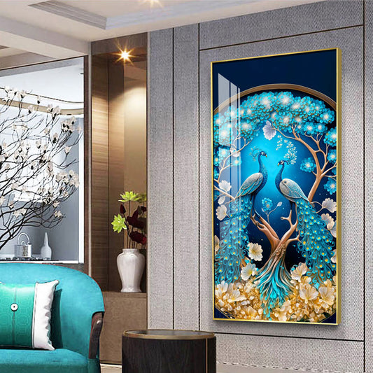Peacock On Tree Branch Glass Finish Vertical Wall Art