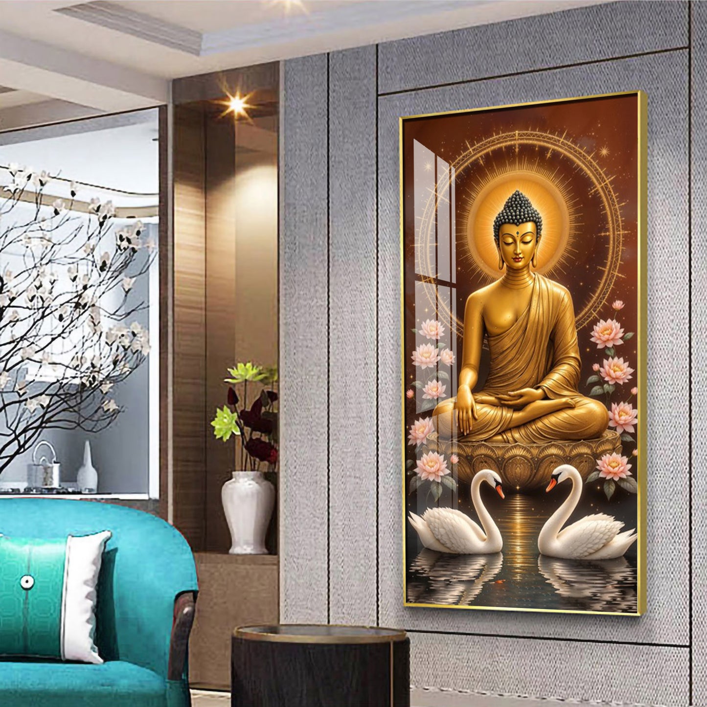 Meditating Budha With Swarn Glass Finish Vertical Wall Art
