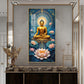 Meditating Buddha With White Lotus Glass Finish Vertical Wall Art